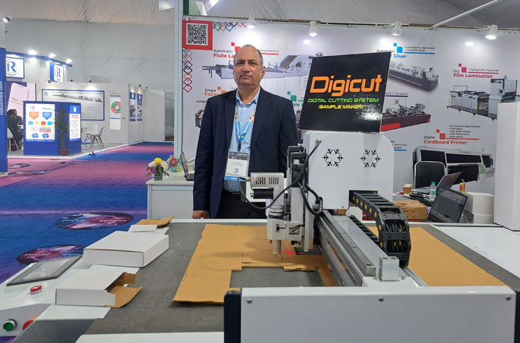AV Global Technologies presenting printing solutions and discussing digital market trends and upcoming cardboard printer launch at PrintPack 2025