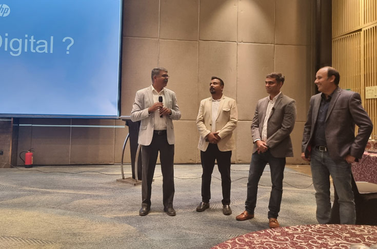HP industry speakers presenting at a printing and packaging conference in India, discussing digital printing adoption, MSME startup growth, and evolving market trends