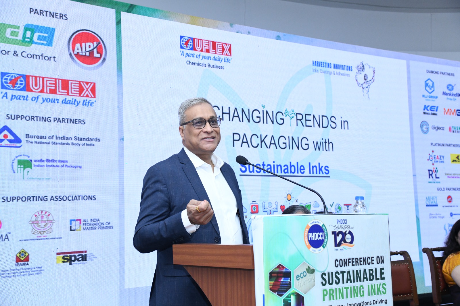 Sustainable packaging and ink manufacturing process at UFlex focusing on bio-based materials, low-VOC inks, recyclable packaging solutions, and environmentally responsible production technologies