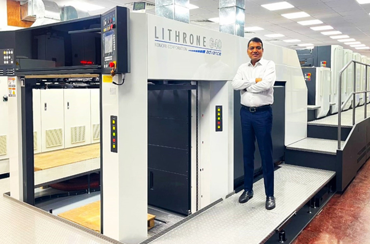 Overview of Mantone Printpack’s advanced printing setup featuring the Komori Lithrone GL-640A press with UV coater, enabling high-speed premium print and packaging production with improved quality control, productivity and faster turnaround for diverse clients across India