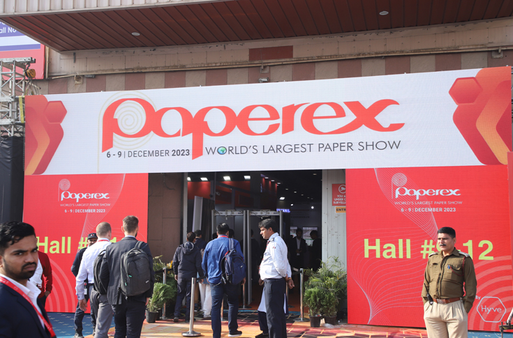 Paperex conference and exhibition event featuring keynote and panel discussions on paper, pulp, and packaging industry trends, sustainability practices, recycled fibre sourcing, and innovative technologies, with industry experts and delegates participating in technical sessions and networking forums