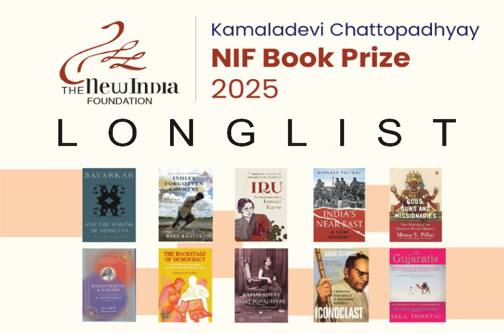 Literary award announcement featuring shortlisted non-fiction books on modern India, highlighting themes of history, politics, culture, and social change with a distinguished jury panel