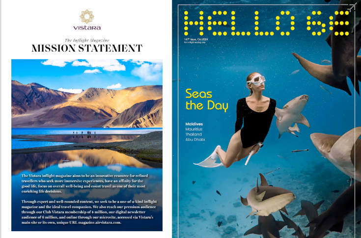 Air passengers reading in-flight magazines such as Vistara and Hello 6E during flights, highlighting travel destinations, lifestyle content, and the revival of airline print publications post-pandemic