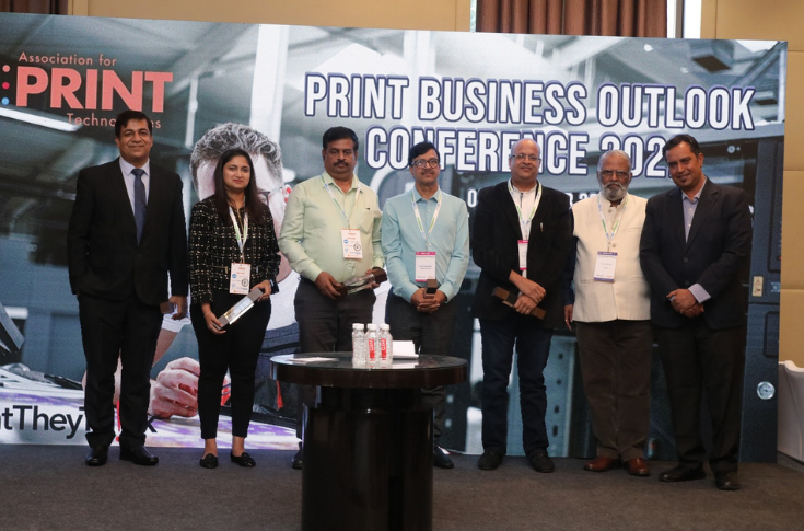 Industry conference presentation on print and packaging trends in India, covering corrugated packaging growth, digital photo printing expansion, sustainability innovations, and material science advancements for eco-friendly manufacturing