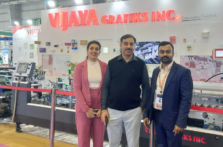 Vijaya Grafiks displaying packaging and folder-gluer machinery at PrintPack 2025 after securing several customer orders