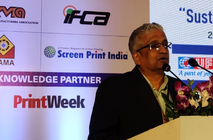 Industry conference scene featuring SN Venkataraman of ITC Printing and Packaging speaking at AIPIMA 13th International Conference, alongside Asia Coat + Ink Show 2024 exhibition showcasing printing inks, coatings, and sustainable packaging innovations with dedicated industry zones