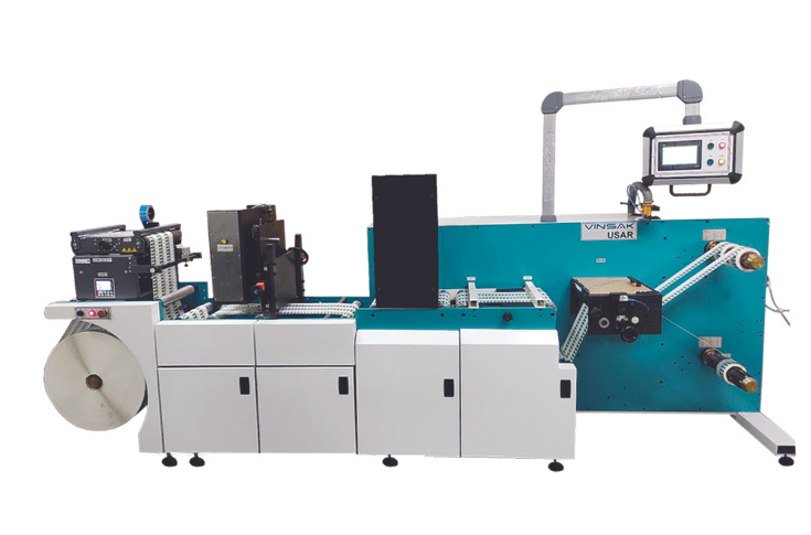Advanced label converting machine performing slitting, rewinding and finishing operations with precision blade systems, tension control, and edge guiding sensors for accurate packaging and label production