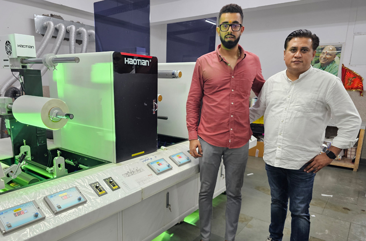 Maa Gayatri Offset Printers facility in Jawalapur, Uttarakhand featuring a Haotian customised finishing and print embellishment machine from Packnology, integrating lamination, spot UV, foiling, varnishing, and flexo printing in a single line for pharma, FMCG, and food packaging applications with roll-to-roll production systems