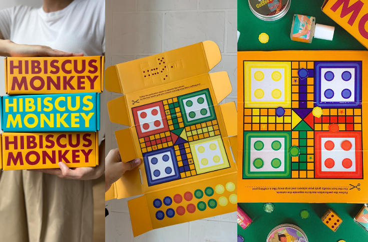Hibiscus Monkey Diwali shipping box designed as a Ludo board with cut-out dice and tokens, transforming e-commerce packaging into an interactive unboxing and play experience
