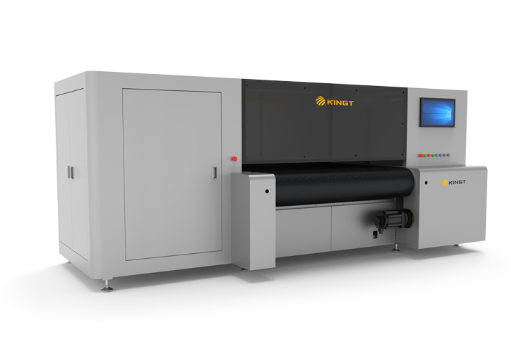 Kingt industrial printing systems including KGT-1600H corrugated printer, flatbed UV press, inkjet printer, and digital label press on display at an exhibition