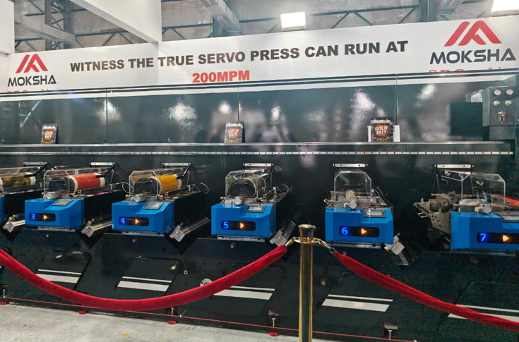 Moksha SR Graphics Edifice-2 SU flexographic label press with servo-driven automation displayed at Pamex 2026 for packaging and label production