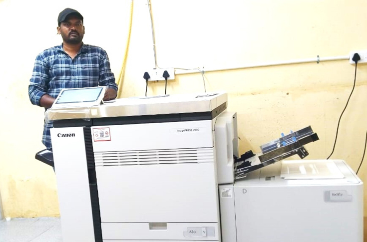 Thoorigai Prints using Canon imagePRESS V800 digital colour production press for high-quality commercial printing of brochures, books, and marketing materials with textured graphic output