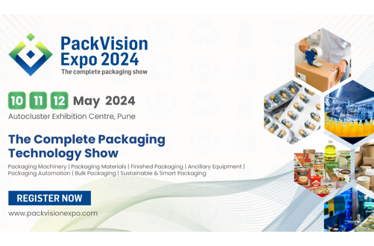 PackVision Expo and CorrVision Expo packaging industry exhibition featuring machinery, automation systems, packaging materials, and finished packaging solutions with exhibitors like Konica Minolta and Hubergroup and buyers from across India