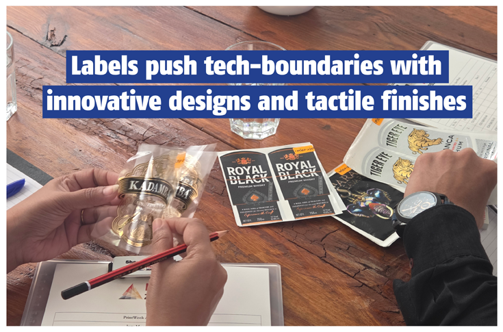 Innovative product labels from the 2025 Awards featuring tactile, interactive, and visually dynamic designs such as embossed and flexo-printed labels like Kashmir Honey’s butterfly wings effect