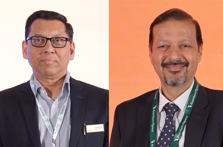 Indian paper industry leadership meeting featuring executives from Naini Papers, Kuantum Papers, Emami Paper Mills, ITC PSPD, JK Paper, and Pudumjee Paper Products discussing committee roles in marketing, raw materials, taxation, and environmental sustainability