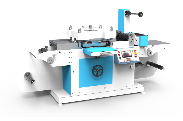 Aum Label and Machinery flexo printing machine featuring five-colour tower configuration, UV curing systems, high-speed registration cameras, and automated web-guiding and tension control for precision label printing and packaging production