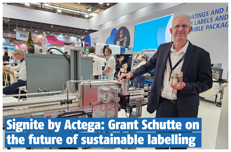 Actega booth at Labelexpo Europe showcasing Signite label technology, demonstrating direct-to-surface label transfer process designed to reduce waste and eliminate traditional label layers
