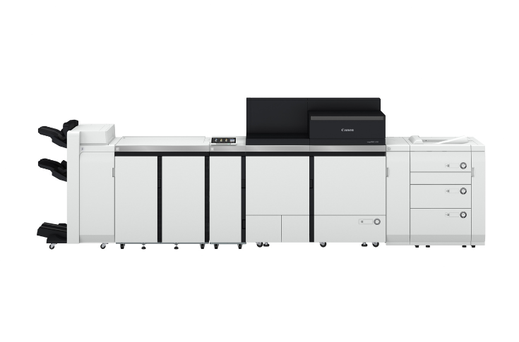 Canon ImagePress V1350 digital production printing press with high-speed output, EFI Fiery server integration, and advanced media handling for commercial, book, and packaging print applications