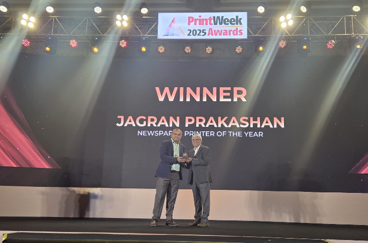 Award-winning newspaper printing by Jagran Prakashan featuring 30,000-copy coldset production on Manugraph Cityline Express press using 41-gsm newsprint and low-penetration ink for high-quality print results on lightweight paper
