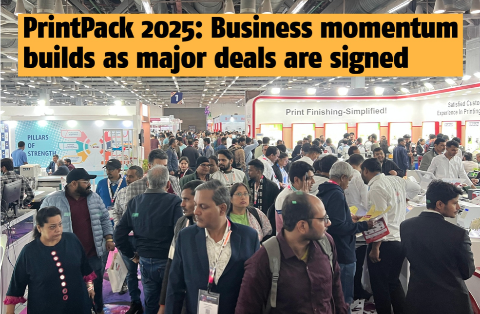 PrintPack India 2025 exhibition at India Expo Centre showcasing printing and packaging machinery, automation technologies, and sustainability innovations with large industry visitor turnout and business deals