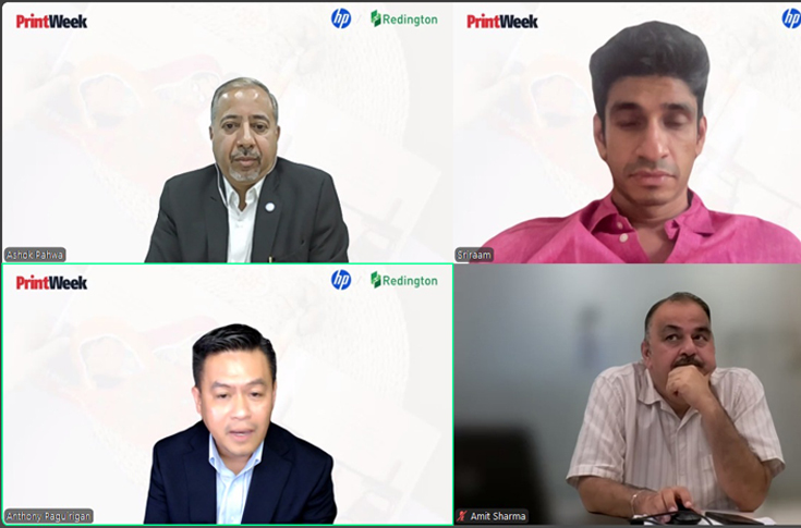 Industry webinar panel discussing digital printing growth in India, featuring speakers from HP and HarperCollins analysing print-on-demand trends and market expansion forecasts
