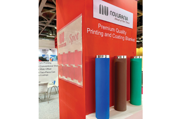 Aarushi Agencies presents Novurania Spa blankets, Kris creasing matrix, Helios Quartz UV and IR systems, and Emmeci rigid box-making machines at PrintPack India 2025