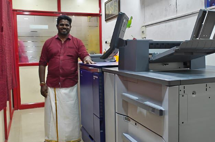 Shiva Graphics print facility in Puducherry featuring AccurioShine 3600, Heidelberg offset press, Xerox digital press, and large-format printing setup supporting packaging, brochures, and short-run digital print jobs