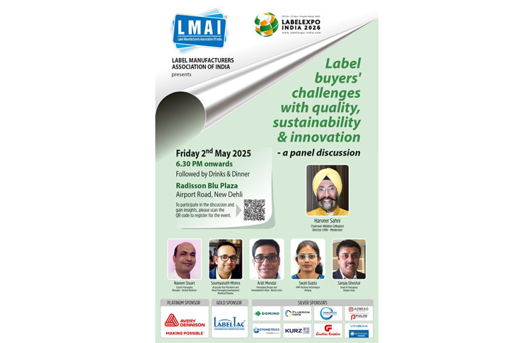 LMAI panel discussion in New Delhi featuring industry leaders discussing label manufacturing challenges related to quality, sustainability, and innovation in the printing and packaging sector