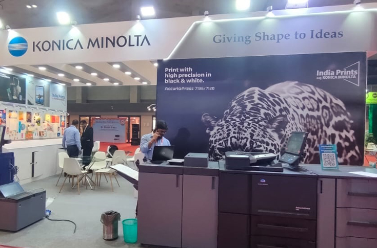 Konica Minolta exhibit at Eastern Print Pack 2024 in Kolkata displaying AccurioPress C7100, C4065, C4080, 7120, and AccurioShine 3600 digital printing systems demonstrating high-speed production, colour accuracy, and 3D gloss finishing effects