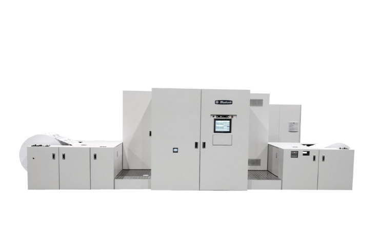 Miyakoshi MJP 20EXG digital inkjet printing press demonstrating high-speed duplex printing with single-tower design, inline inspection system, and water-based ink technology for uncoated paper production
