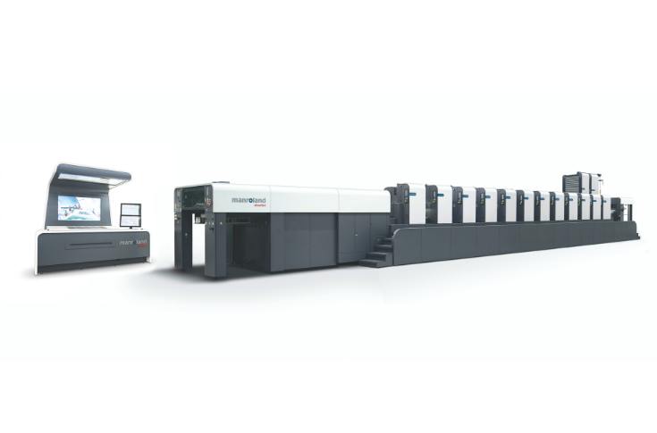 Manroland Sheetfed offset printing press with advanced automation and high-speed production for commercial, packaging, and publication printing applications