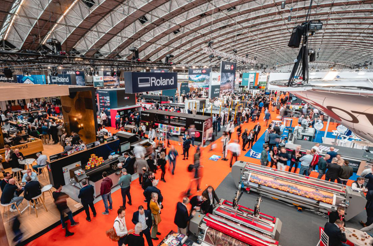 Fespa Global Print Expo exhibition with wide-format printers, cutting systems, software solutions, and sustainable printing technologies from global brands