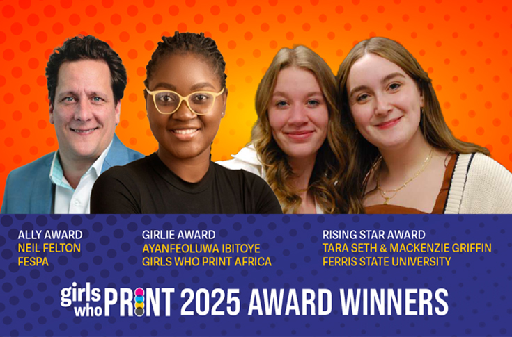 Virtual Girls Who Print conference session featuring global speakers and award winners including Neil Felton, Tara Seth, Mackenzie Griffin, and Ayanfeoluwa Ibitoye discussing print innovation, education initiatives, and industry leadership