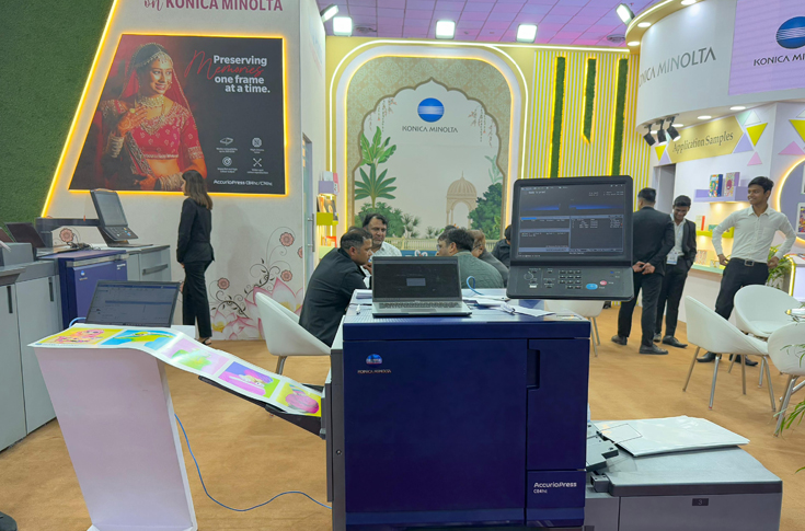 Konica Minolta exhibiting AccurioPress C84hc/C74hc high-chroma digital presses and AccurioShine 3600 at CEIF 2025 in Delhi, demonstrating advanced colour reproduction and foil embellishment for professional photography and wedding album printing
