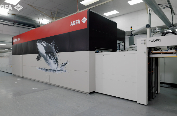 Agfa SpeedSet 1060 high-speed digital sheetfed packaging press with inkjet printing system, vacuum conveyor, and drying unit, designed for retail ready packaging, microflute, and paperboard applications