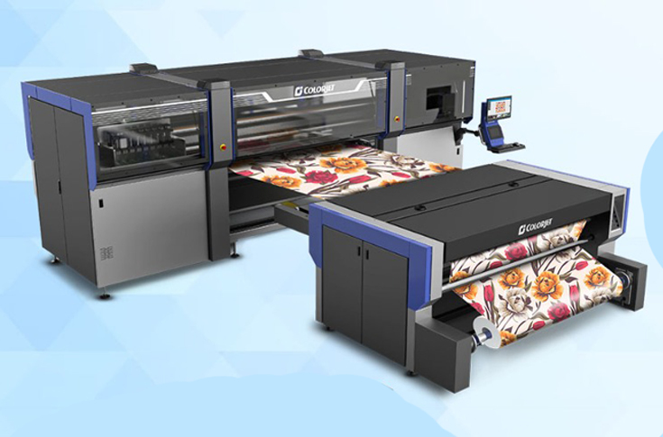 Industrial digital printing machines including ColorJet Earth 32i textile printer and Vulcan Hybrid X UV flatbed and roll-to-roll printer for versatile substrate printing
