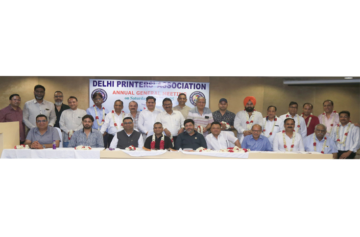 AGM gathering of the Delhi Printers Association featuring presentations by leaders including Sunil Jain, Puneet Talwar, Sandeep Aggarwal, and Dayakar Reddy discussing industry events, technical seminars, and printing sector developments