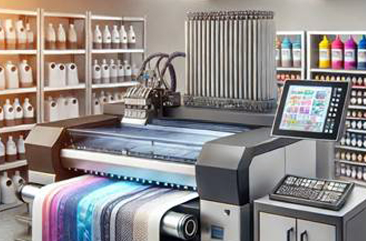 Digital textile printing process showcasing vibrant fabric designs produced using advanced inkjet technology, enabling customisation, on-demand production, and reduced waste in fashion, home décor, and industrial textile applications