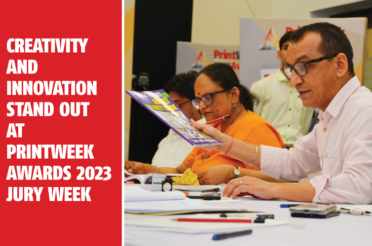 Printing industry jury evaluation process at PrintWeek Awards featuring expert panels reviewing anonymised packaging and print samples across multiple categories during a multi-day judging event in Mumbai