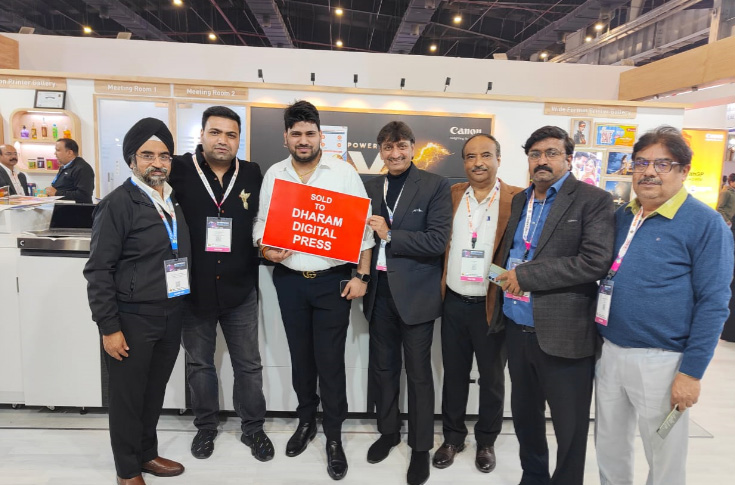 Canon India displaying ImagePress digital production presses and large-format printers at PrintPack 2025, including the newly booked ImagePress V1350