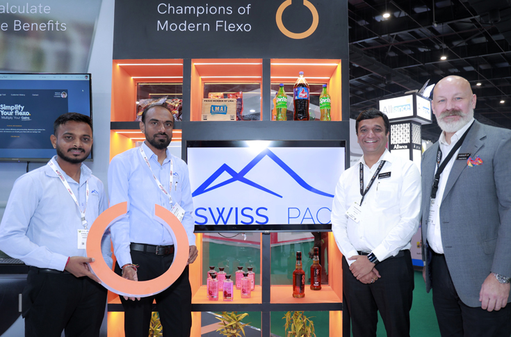 Swiss Pac flexo printing production setup using Miraclon Flexcel NX Wide 4260 system and Shine LED exposure technology, showcasing expanded color gamut printing, fast plate changeovers, and sustainable packaging production with improved efficiency and reduced waste