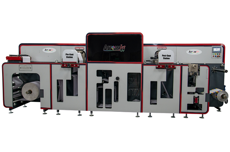 Arrow Digital’s ArrowJet UV industrial inkjet printing system demonstrating high-speed label and packaging production with inline flexo stations, rotary slitter, and UV LED curing for versatile multi-substrate printing applications