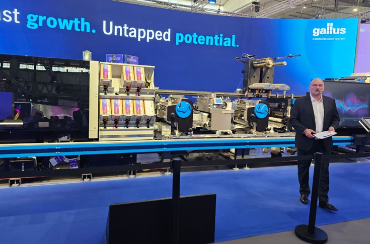 Gallus 5 hybrid label printing press system with modular configuration, showcasing digital and conventional printing integration for high-speed, short-run label production with UV LED curing technology