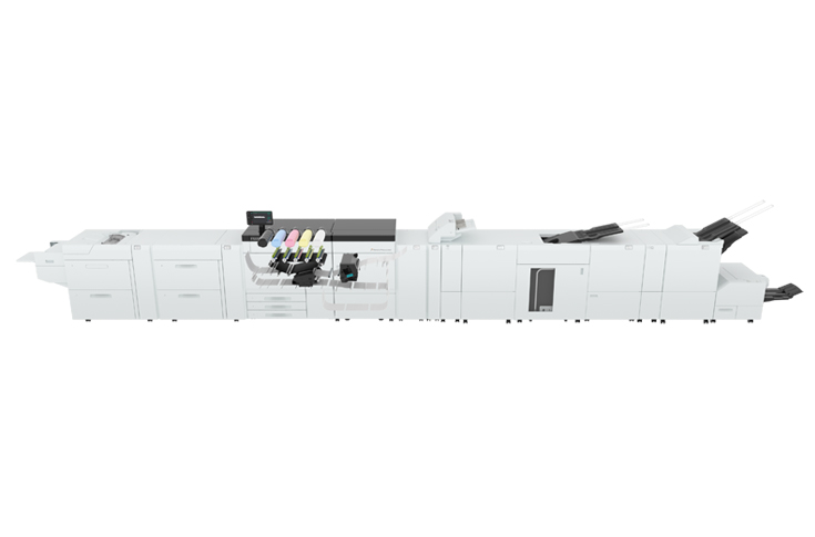 Fujifilm Revoria Press PC1120, EC2100S, and SC285 digital printing presses featuring high-speed output, specialty colour toners, and Smart Monitoring Gate for automated print quality control