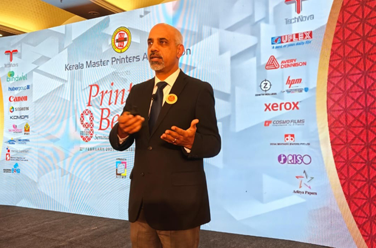 Rego speaking at Kerala Master Printers Association conference in Kochi discussing ethical business practices, sustainable investments, and process-driven growth in book printing industry