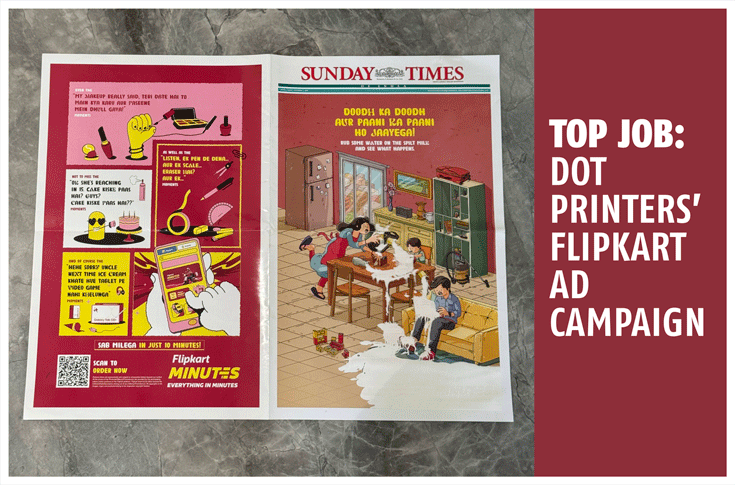 Dot Printers screen printing facility showcasing hydro-reactive ink technology used in the Flipkart Minutes campaign, creating interactive print ads that reveal hidden messages when exposed to water