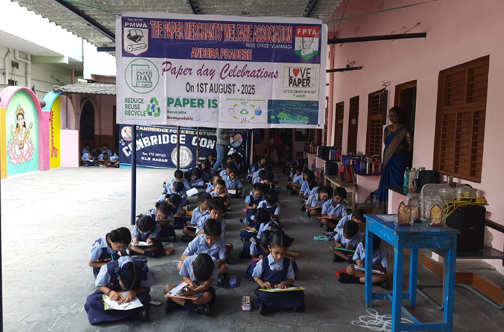 Students participating in an interactive Paper Day awareness session organised by the Indore Paper Traders Association at a school, learning about paper sustainability and environmental benefits