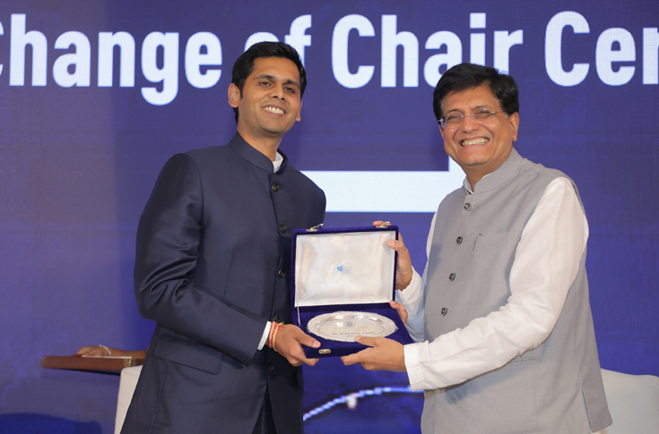 Piyush Goyal speaking at an ICC industry event attended by over 200 leaders and media, addressing topics such as India’s economic growth, startup ecosystem, skill development, tourism promotion, and industry-government collaboration