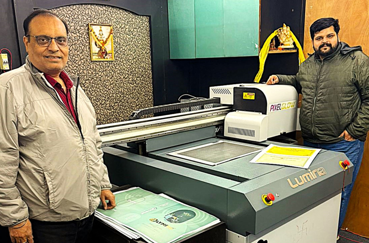 Monotech Systems PixelGlow Lumina digital UV embellishment machine used at G&G Printers for enhancing labels, cartons, photo albums, and commercial prints with high-resolution 3D UV effects and premium finishes