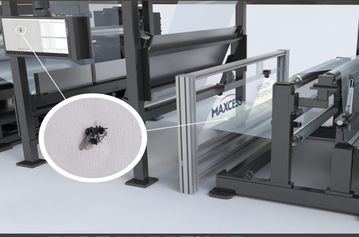 Visionmax print inspection system by Maxcess India Automation with high-resolution colour cameras, touchscreen interface, LAB colour measurement, and real-time defect detection for label printing presses